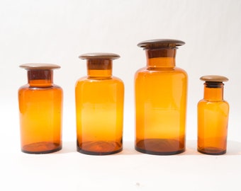 Retro Apothecary Jar Set, Amber Glass, w/ Lid, Set of Four, Pharmacy Jars, Old