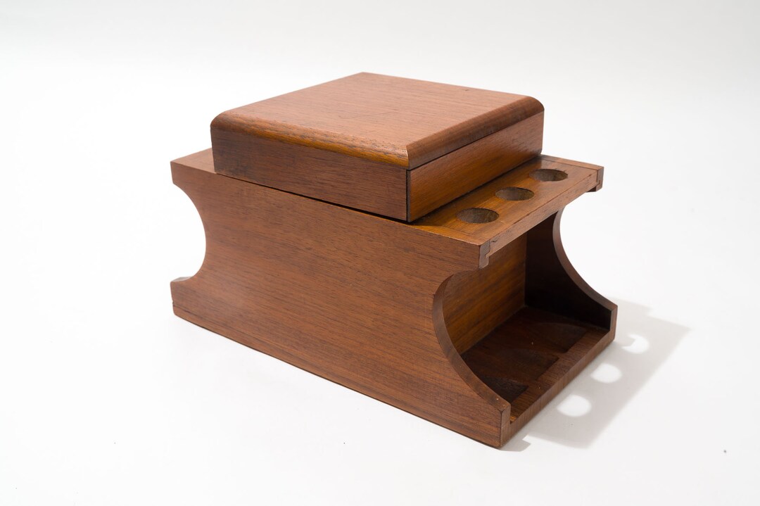 Vintage Pipe Rack and Humidor, Solid Walnut, Six Pipe Storage, Mid