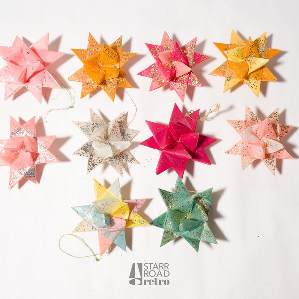 Set of 10 Vintage Christmas Ornaments, Wax Paper, Star