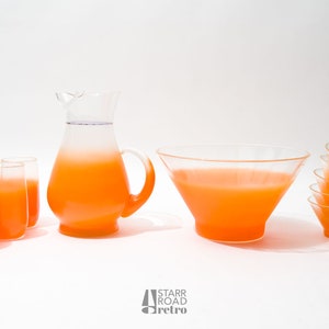 Verres vintage MCM par Blendo, orange givré, verres, bol à jetons, pichet, petits bols, années 1950, années 1960, Pick and Choose