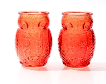 Vintage Mid Century Ruby Red Owl Glass Jars - Pressed Stained Pair