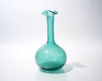 Midcentury Crackle Glass Decanter, Vase, Blenko, Teal, NO STOPPER