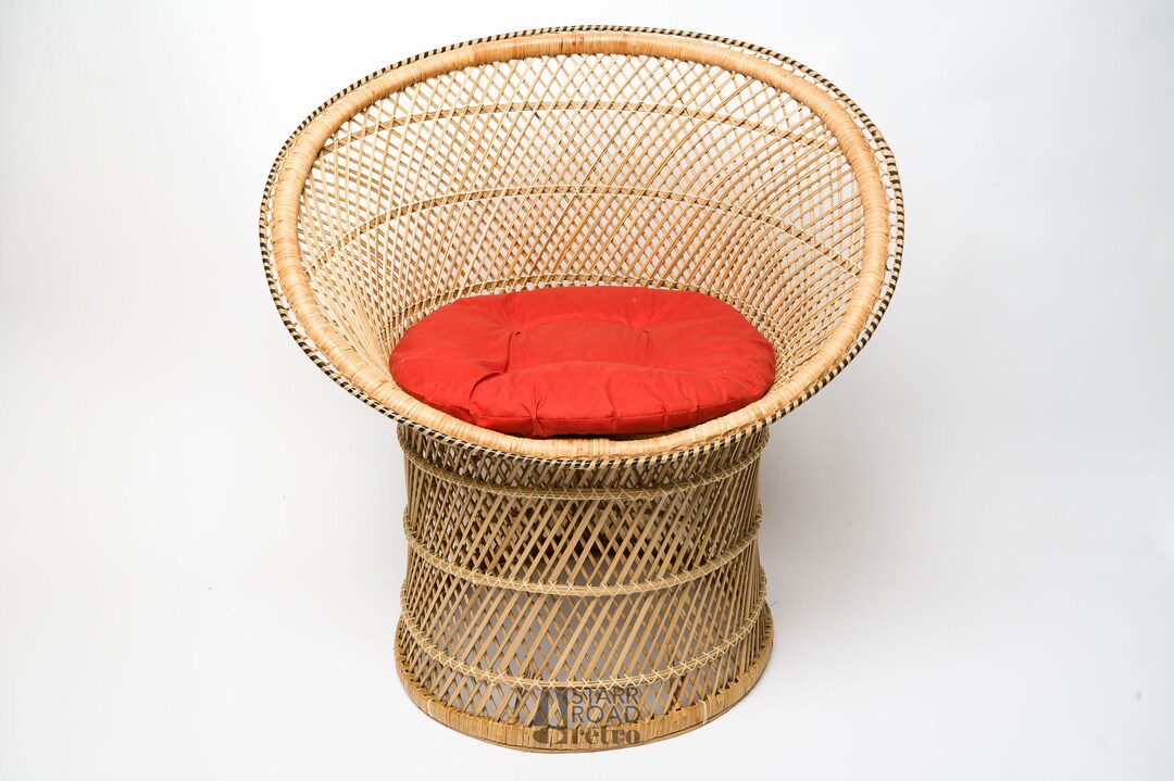 Mid Century Vintage Wicker Lounge Chair Red Seat Black Etsy