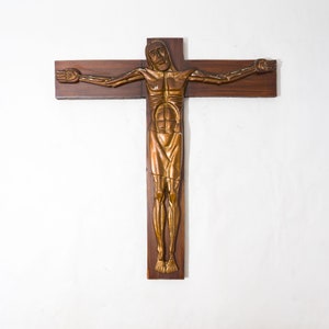 Vintage Mid Century Modern Brutalist Crucifix, Wall Mount, Large, with Cast Metal Jesus, 1960s