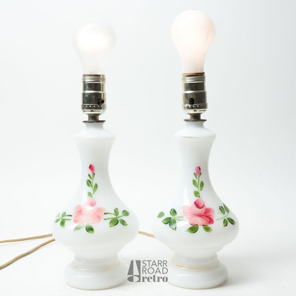 Pair of Vintage Boudoir Lamps, Milk Glass, Floral, Rose