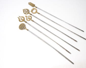 Set of 6 Vintage BBQ Kabob Skewers Brass and Stainless Steel, Turkey