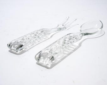 Vintage Glass Serving Utensils, Anchor Hocking, Fork and Spoon
