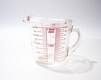Vintage Measuring Cup, Pyrex, 4 Cups, 1 Quart, D Handle, 532, 1940s, Red Lines