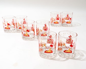Vintage Rocks Glasses, Concrete Theme, Bricklayer, Mason, Construction, MCM, Red, Gold, 1960s