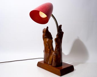 Mid Century Desk Lamp with Red Bullet Shade and Cypress Knee Root Base Vintage 1960s