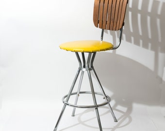 Vintage, Mid Century Modern Bar Stool by Comfort Line, Yellow Seat, Walnut Slat Back, c. 1960s