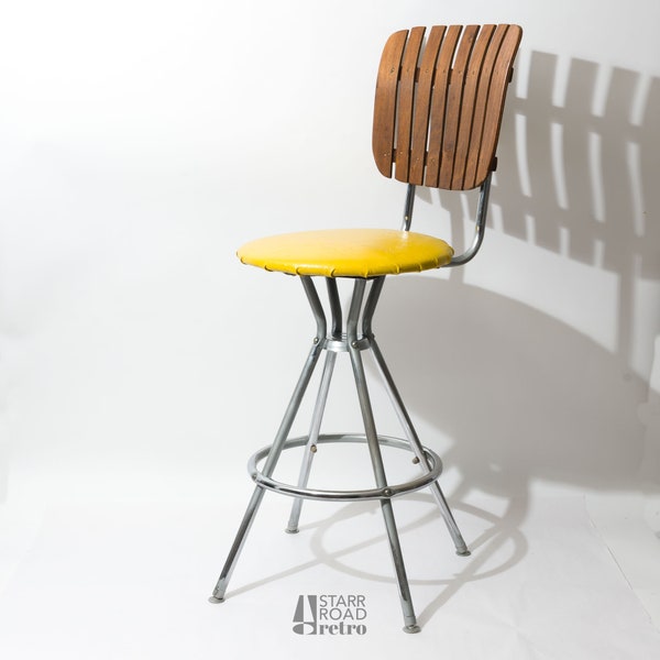 Vintage, Mid Century Modern Bar Stool by Comfort Line, Yellow Seat, Walnut Slat Back, c. 1960s