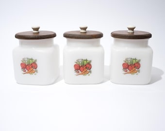 Milk Glass Canister with Vegetable, Jeannette Glass, Wood Lid, Retro, 1970s, for Individual Sale