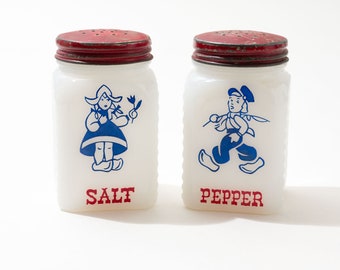 Vintage Salz und Pfefferstreuer, Milchglas, holländische Grafiken