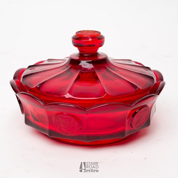 Vintage Red Glass Candy Dish, Coin Pattern, Fostoria