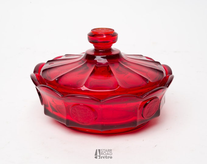 Vintage red glass candy dish coin pattern fostoria etsy