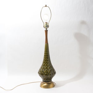 Mid Century Modern Table Lamp, Green Glaze with Repeating Arch Pattern, Tall, 36", 1960s, 1970s
