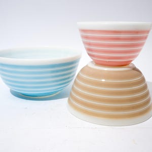 Vintage Pyrex Rainbow Stripe Mixing Bowls, Choose Your Bowl, Pink, Blue, Sandalwood, Mid Century 1960s