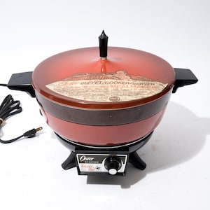 Vintage Buffet Cooker Server, Oster Super Pan, Red and Black, Mid Century 1960s