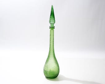 Mid Century Genie Bottle Decanter, Green, With Flame Stopper