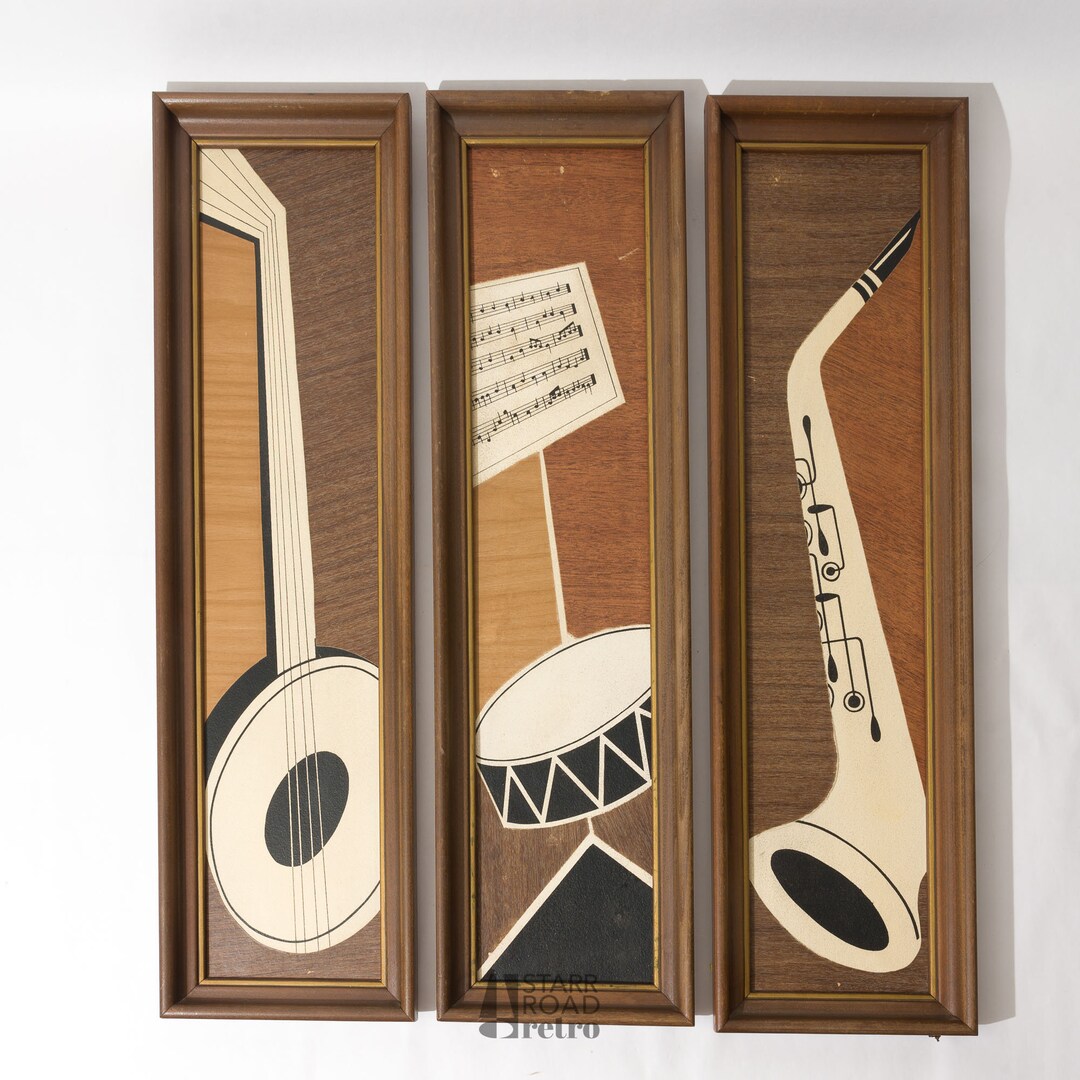Mid Century Modern Music Theme Wall Art Triptych Guitar Etsy