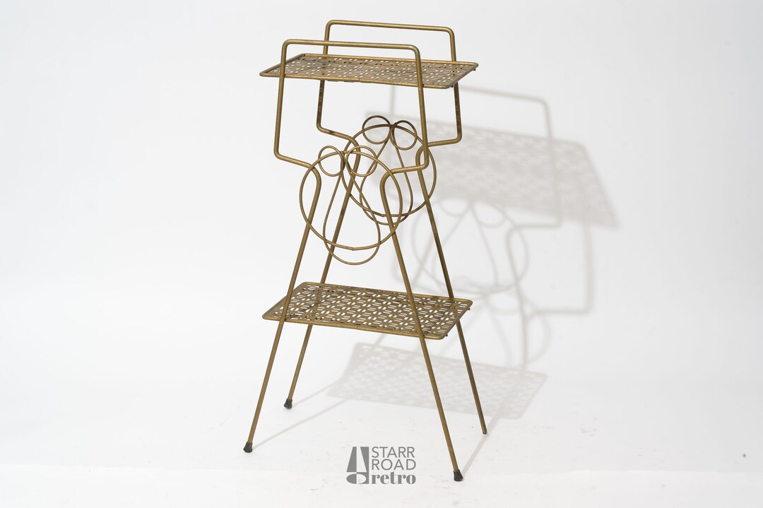 Mid Century Modern Wire Telephone Stand, Plant Stand, Shelf, Brass Color Painted Finish, 1960s, 1970s