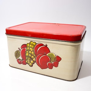 Può includere: Un contenitore rettangolare in metallo con corpo color crema e coperchio rosso brillante. La parte anteriore del contenitore presenta una colorata illustrazione grafica di vari frutti, tra cui uva verde, pesche rosse e fragole.