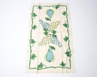 Vintage Tea Towel, Fruit, Blue and Green, Linen, Victory