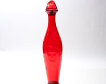 Vintage Red Glass Decanter, Bottle, Made in Spain