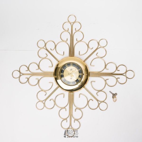 Mid Century Starburst Wall Clock, J&M, Eight Day, Scroll, Spanish Influence, 1970s