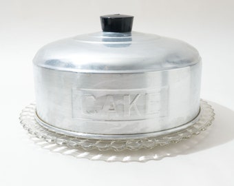 Midcentury Tortenhaube, Aluminium Haube auf Glasplatte