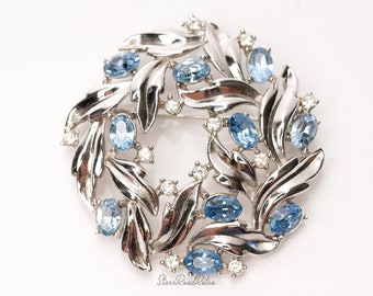 Vintage Trifari Wreath Brooch, Silver Tone with Blue Rhinestones, Crown Trifari