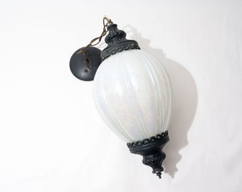 Vintage Swag Lamp Ceiling Light Fixture, Hollywood Regency Style, Pearlescent White Globe Shade, Metal Top and Bottom, c. 1920s-1930s
