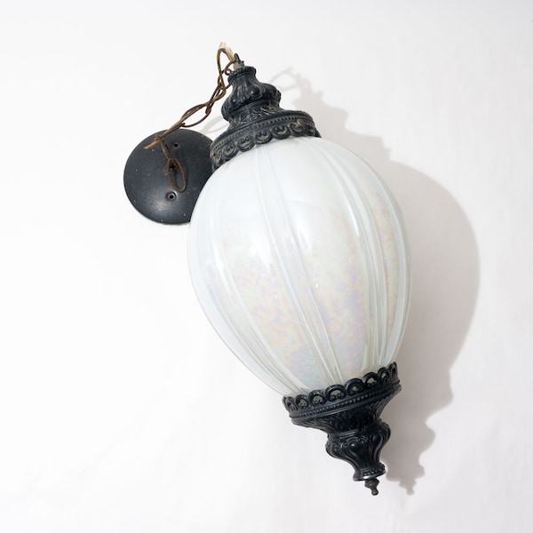 Vintage Swag Lamp Ceiling Light Fixture, Hollywood Regency Style, Pearlescent White Globe Shade, Metal Top and Bottom, c. 1920s-1930s