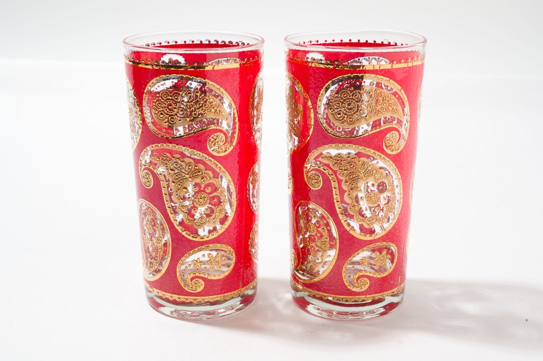 Culver Highball Glasses, Red 22KT Gold Gilt Paisley Tumblers, MCM