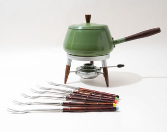 Vintage Fondue Pot with Bamboo Skewers, Green