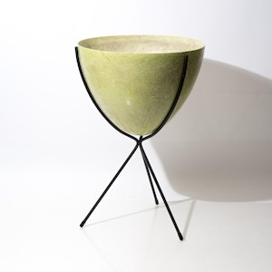 Puede incluir: Una maceta en forma de cuenco de color verde claro con un acabado de superficie texturizado y fibroso. El cuenco está sostenido por un soporte de metal negro con tres patas finas y entrecruzadas que sostienen la base en un trípode.