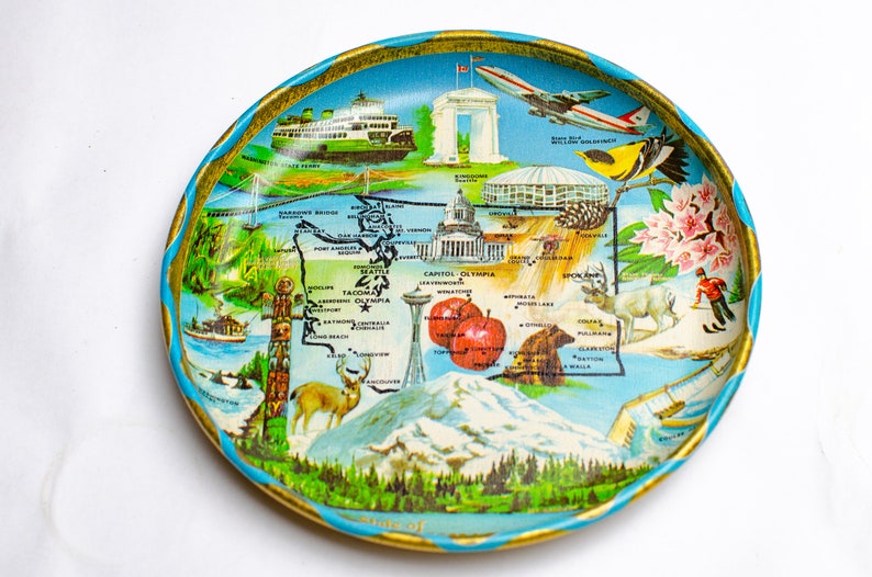 Mid Century State of Washington 6 Tin Souvenir Tray Map