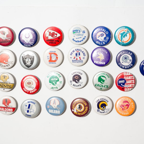 Vintage NFL Football Pin Back Buttons, Small 1 1/4”, USA, Button House, Choose Your Team, 1970s