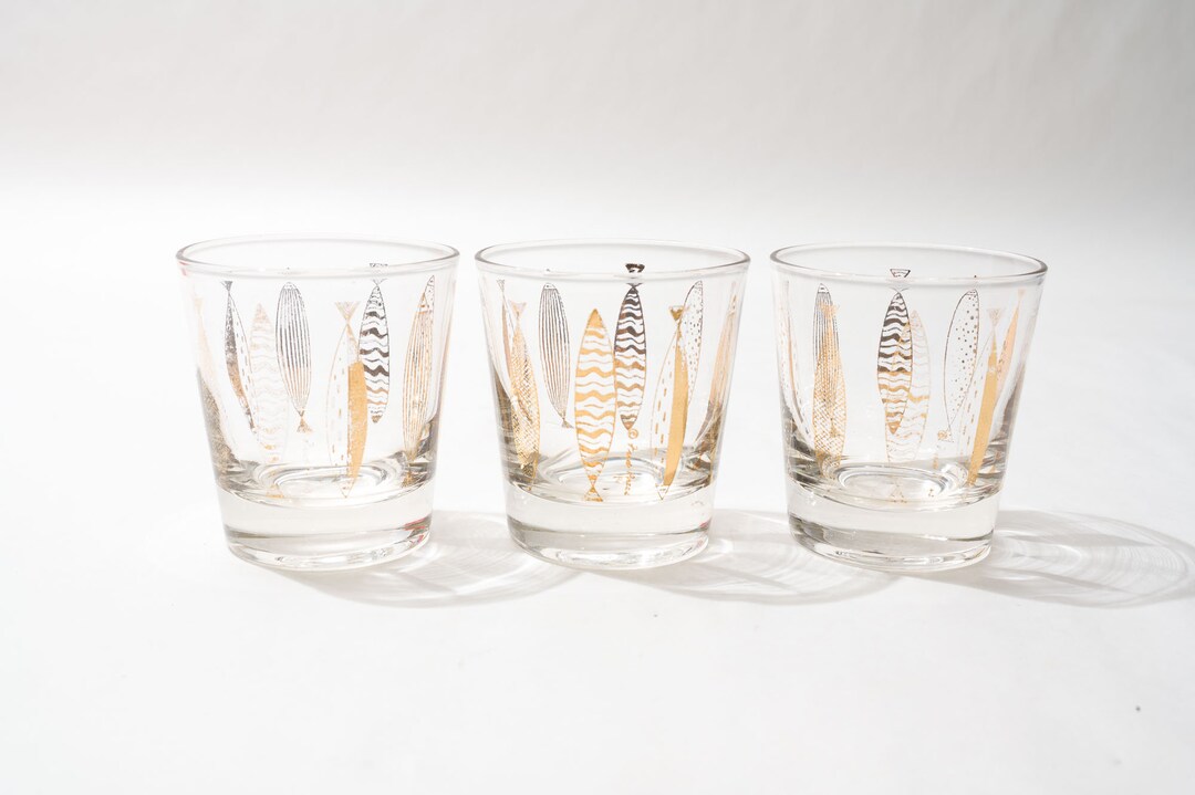 Pattern Rocks Glass Retro MCM Gold Fish Pattern Rocks Glasses by Fred Press, Signed, C ...