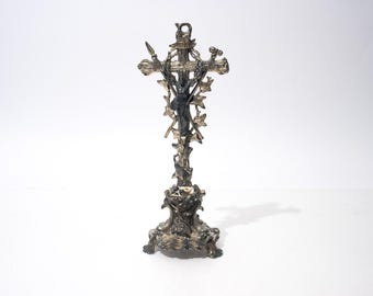 Uncommon Vintage Cast Metal Crucifix withPassion Symbols Rare Fish and Waves Base