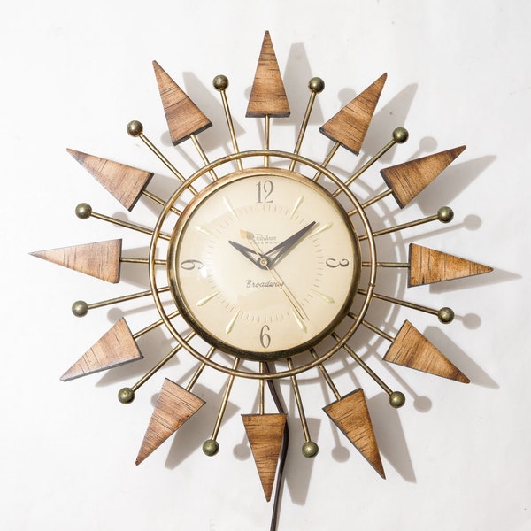 Vintage MCM Sunburst Clock, Telechron Movement, by Broadway, Electric, Wood Rays and Metal Balls, 12" Diameter, 1960s