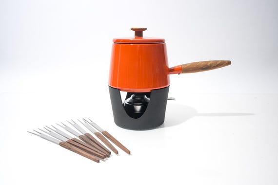 Vintage Michael Lax Copco Orange Fondue Set Mid-Century Teak 6 Forks