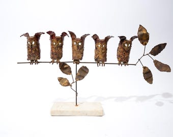 Midcentury Metal Art Own Sculpture, Owls on a Branch, Brutalist