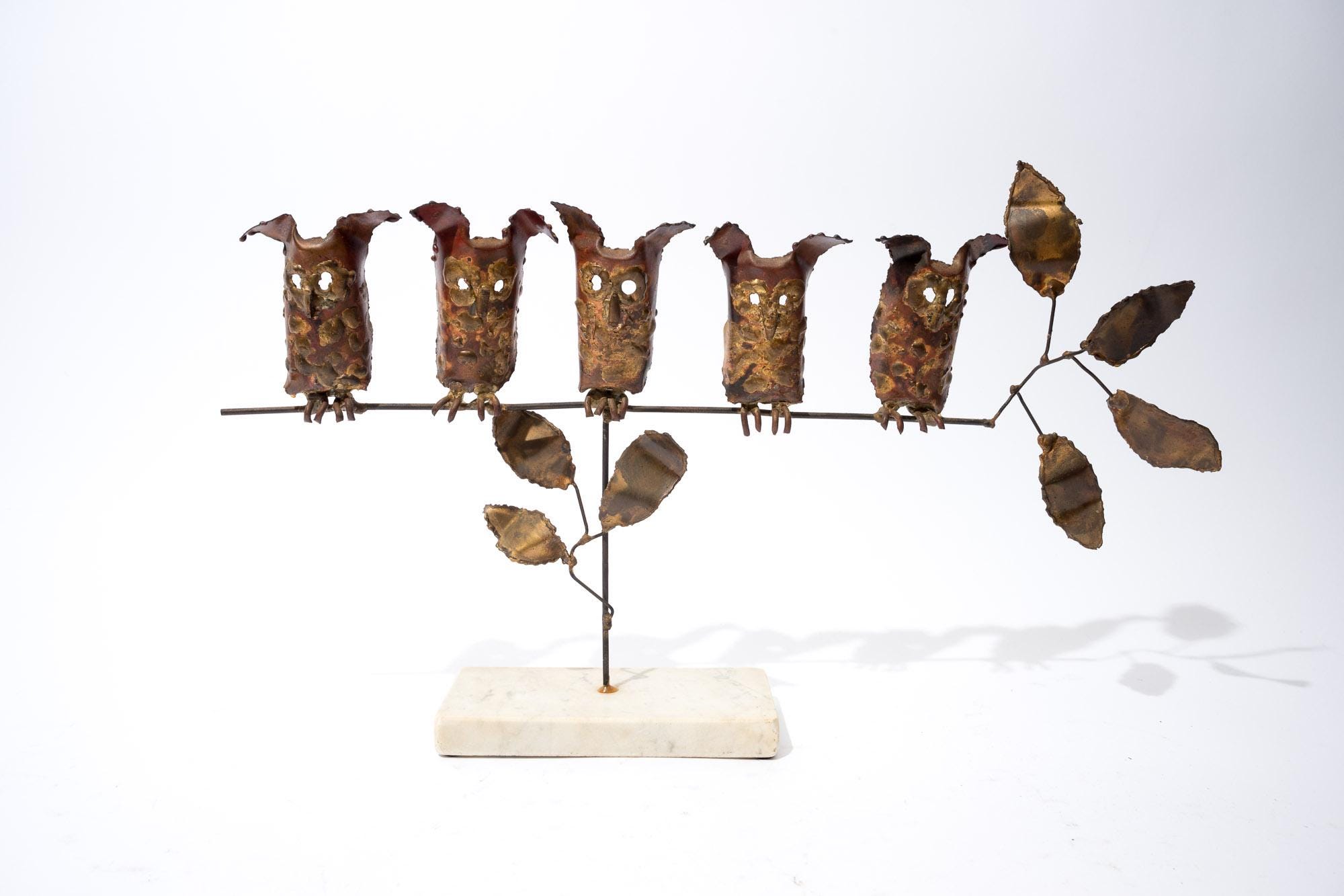 Midcentury Metal Art Own Sculpture, Owls on a Branch, Brutalist