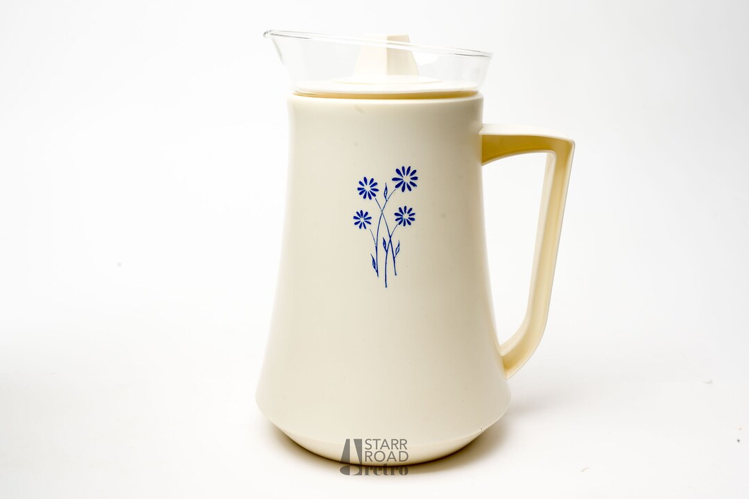 Vintage Glass Lined Insulated Drink Pitcher With Blue Flowers, by David