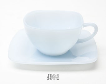 Vintage Azurite Tea Cups With Saucer, Glass, Square, Azurite Charm. Blue, Fire King