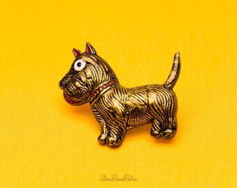 Vintage Lucite Brass Statement Brooch, Scotty Dog Pin 2 5/8