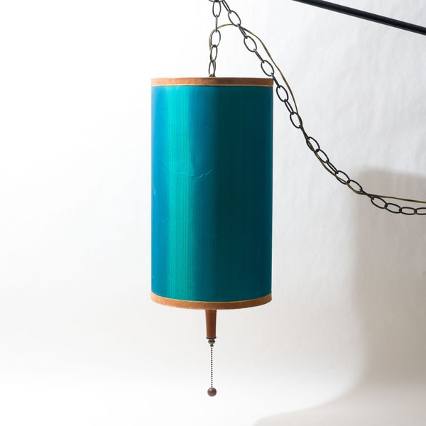 Mid Century Swag Lamp with Bright Turquoise Shade, Wood Details, 22" Tall, 10" Dia, 1960s, 1970s