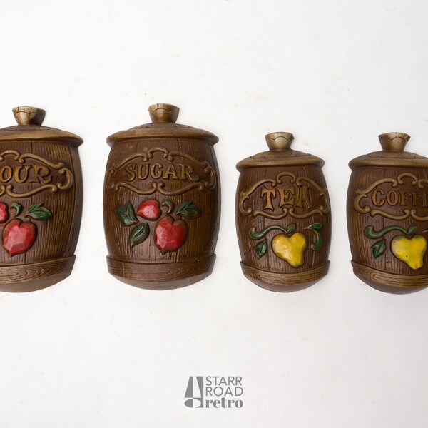 Set of Four Canister Wall Plaques, Sexton, Flour, Sugar, Tea, Coffee